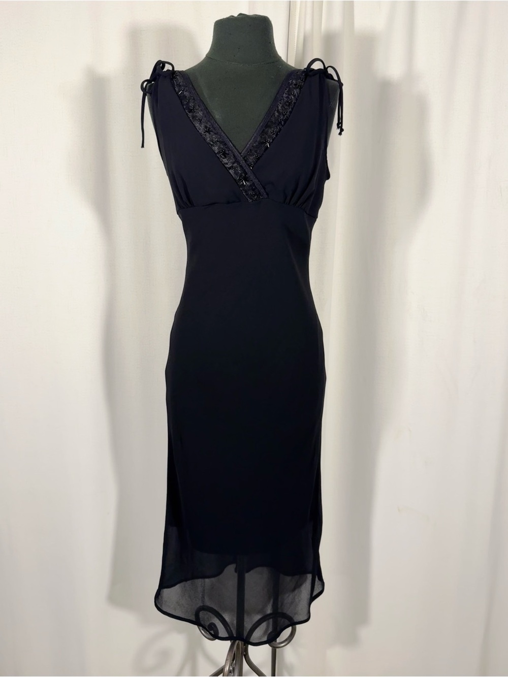 Vintage Ruby Rox Black Beaded V-Neck Midi Dress